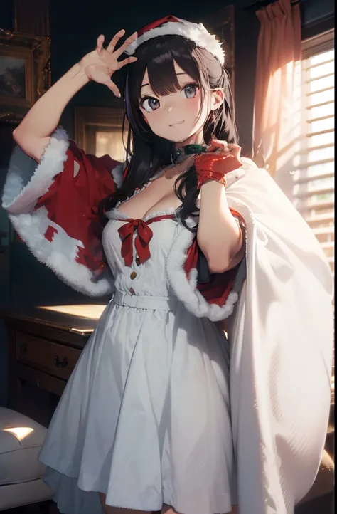 ultra-quality, ultla highres, Hyper Detailed, High contrast, Ultrafine Strike, creative refinement,A dark-haired,ssmile,Santa Claus Costume,Show cleavage,livingroom,5 fingers