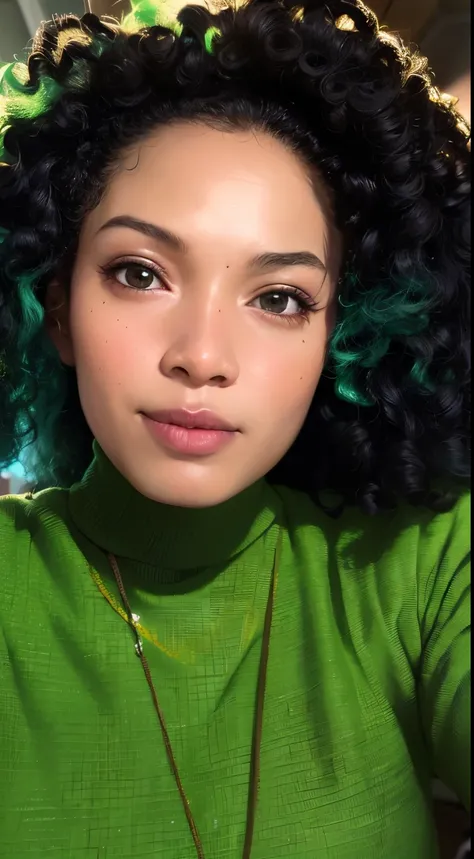 there is a woman with a necklace and a green shirt, selfie of a young woman, taken in the early 2020s, with afro, tessa thompson inspired, medium close up portrait, photo of a black woman, full face portrait, closeup headshot, her face framed with curls, h...