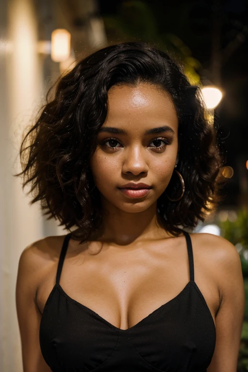 wide lense photo, night time photo, young woman 21 years old, afro hair with a shiny forehead