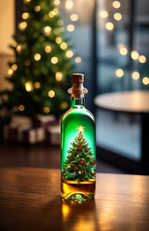 christmas tree in a bottle, fluffy, realistic, atmospheric light refraction, photographed by lee jeffries, nikon d850 film Stock Photo 4 Kodak portra 400 camera f1.6 lens, rich colors, ultra realistic realistic textures, dramatic lighting, unreal engine tr...