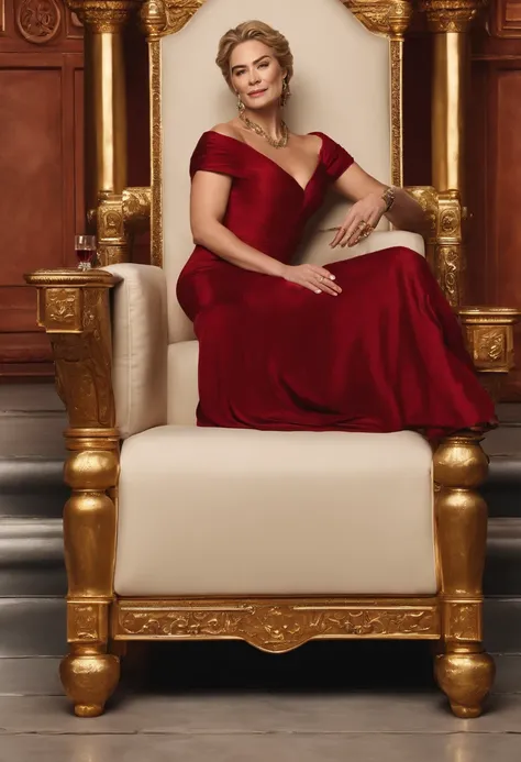 A photo of Cersei sitting in the Red Keep throne room, holding a glass of wine and wearing a sly smile as she gazes into the distance.,Game of Thrones TV Show,Cersei is pale with golden hair, green eyes, wears red gowns and gold jewelry, famously portrayed...