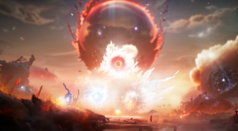 There is a picture of a clock exploding in the sky, Surreal nuclear eclipse explosion, red planetoid exploding, doomsday nuclear weapons, powerful explosions, spirits coming out of portal, Supernova explosion, the explosion from akira, explosions in the ba...