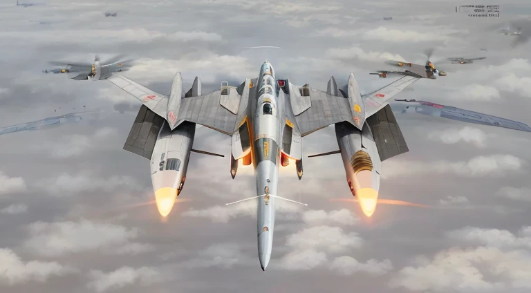 There is a jet flying in the air，and emit smoke, valkyrie fighter jet, fighter drones, HD visual effects-9, Japanese Computer Graphics, anime bullet vfx, Chrono Fortress style, Jet fighter, acecombat, Shmpu, fighter jets, Ace air combat, strafing attack ai...