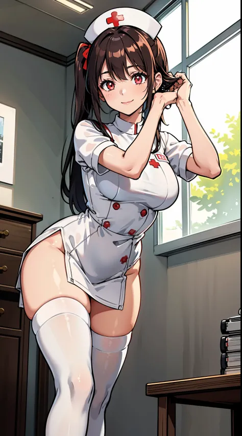 from below:1.3,white pantie,8K Wallpaper,masutepiece,Best Quality, Illustration,Looking at Viewer,1girl in,24 year old, Nurse, （(tight white nurse uniform)）, （(white nurse cap_Red Cross Mark)）, BREAK((white knee highs, zettai ryouiki)), thighs thighs thigh...