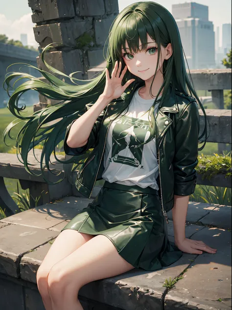 master piece,best quality, Solo woman, cute, sitting, dark green leather jacket, T-shirt, dark green tight skirt, shy smile, dark green hair, long hair, waving in a strong wind hair, dark green buckground