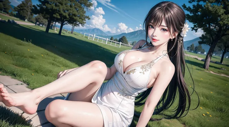 Skysky,daysies,suns,Strong edge light,On a meadow,nipple play_CG,girl,Alone,alternate hair lengths,ahoge,light blush,Long eyelashes,Water-colored eyes,looking at viewert,nedium breasts,Large breasts,Moles on the breast,Bare legged,tmasterpiece,Best quality...