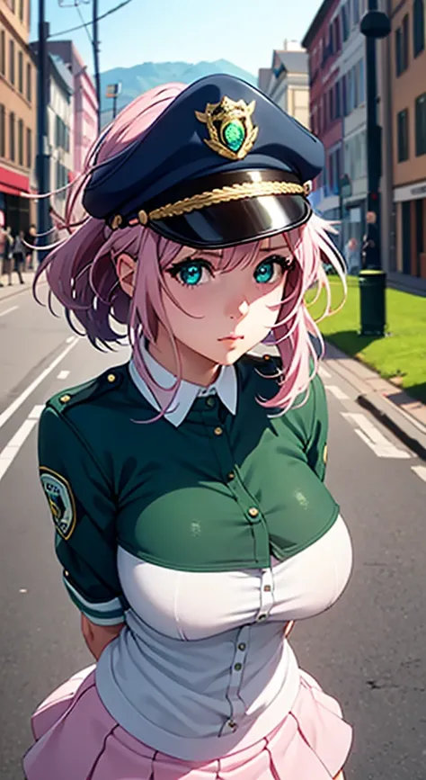 Very Cute girl, massive sized boobs,half naked ,ultra realistic eyes, police dress,short police skirt, police cap on her head,street outside, pink colour hair,bright green eyes, ultra realistic detailed eyes, innocent eyes, looking at camera,long pink hair...