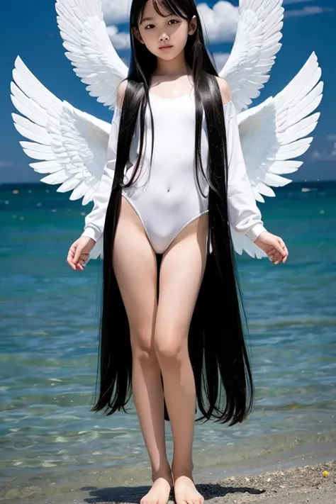 full body,floating,angel,10 years old girl,very long black hair,