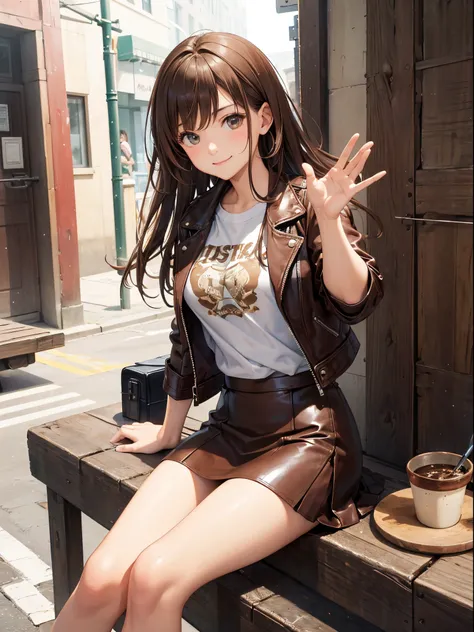 master piece,best quality, Solo woman, cute, sitting, brown leather jacket, T-shirt, brown tight skirt, shy smile, brown hair, long hair, waving in a strong wind hair, brown buckground