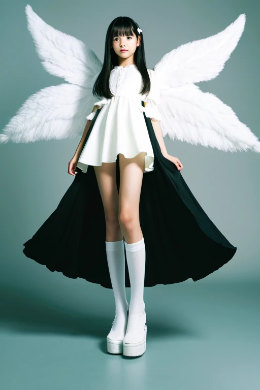 from below,full body,floating,angel,10 years old girl,very long black hair,