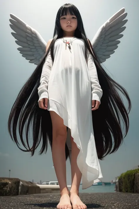 from below,full body,floating,angel,10 years old girl,very long black hair,