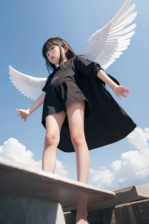 from below,full body,floating,angel,10 years old girl,very long black hair,