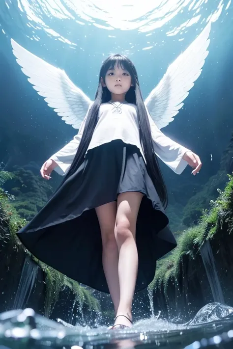 from below,full body,floating,angel,10 years old girl,very long black hair,