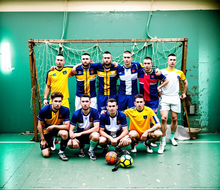 many men posing for a photograph in front of a football goal, retro 9 0 sec, Romanian, indoor shot, by Alexander Fedosav, Shot on iPhone 14 Pro, based on Ivan Meštrović, potted, Sport, 💣 💥, maxim sukharev, based on Juraj Julius Klovich, 🇺🇦, competition win...