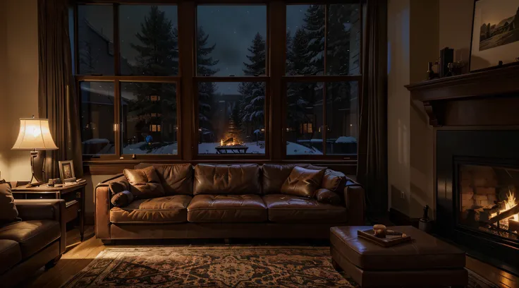 A cozy living room with classic fireplace inside and big window, big fluffy couch and coffee table, night winter landscape visible from a window, night, ultra detail, cinematic, cozy