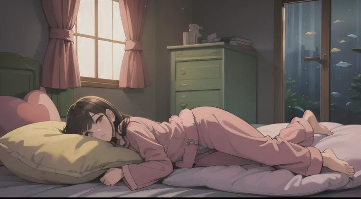 Draw a girl lying on her bed, surrounded by fluffy pillows, ((window on background)), wearing comfortable pajamas, ((full body)), colorful room, aquarium, fish, rain