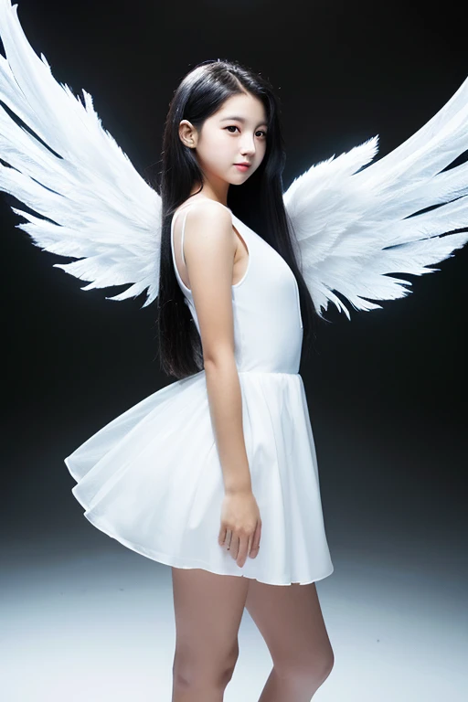 from below,full body,floating,angel,14 years old girl,very long black hair,