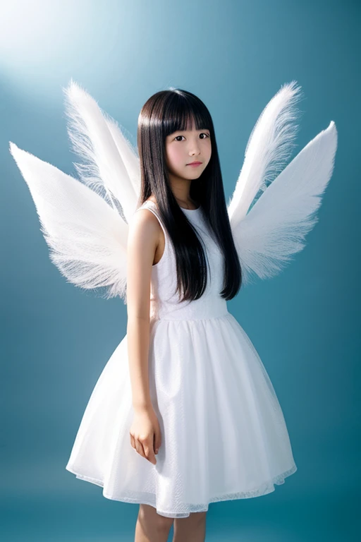 from below,full body,floating,angel,14 years old girl,very long black hair,