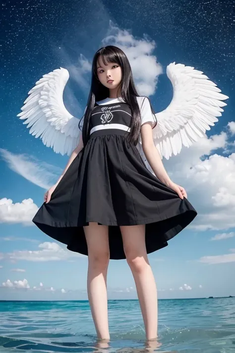 from below,full body,floating,angel,14 years old girl,very long black hair,