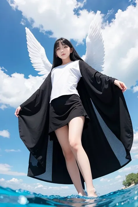 from below,full body,floating,angel,14 years old girl,very long black hair,