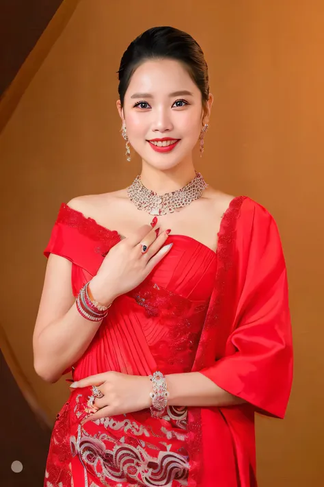 a woman in a red dress posing for a picture, in style of lam manh, inspired by Ruth Jên, nivanh chanthara, wearing red attire, wearing a red cheongsam, in style of thawan duchanee, wearing red formal attire, patiphan sottiwilaiphong, by Ruth Jên