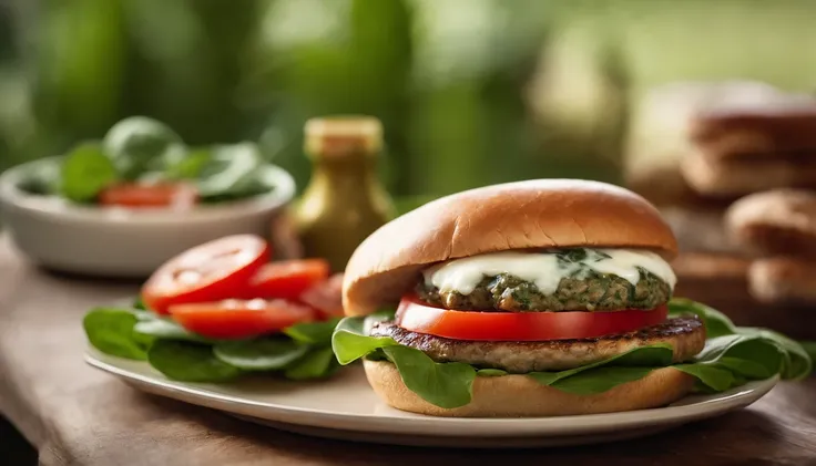 A detailed shot of a cheeseburger with a melting slice of mozzarella cheese blanketing a tender turkey patty, adorned with crisp baby spinach leaves, juicy tomato slices, sliced red onion, and a smear of zesty basil pesto, all enveloped by a fluffy whole g...