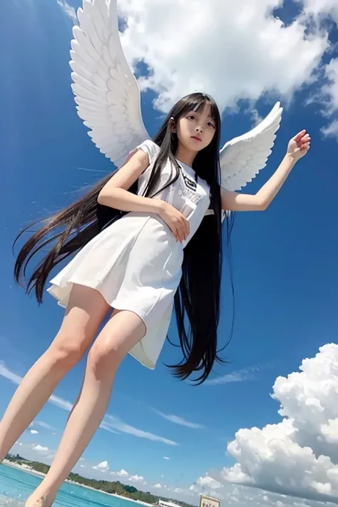 from below,full body,floating,angel,14 years old girl,very long black hair,