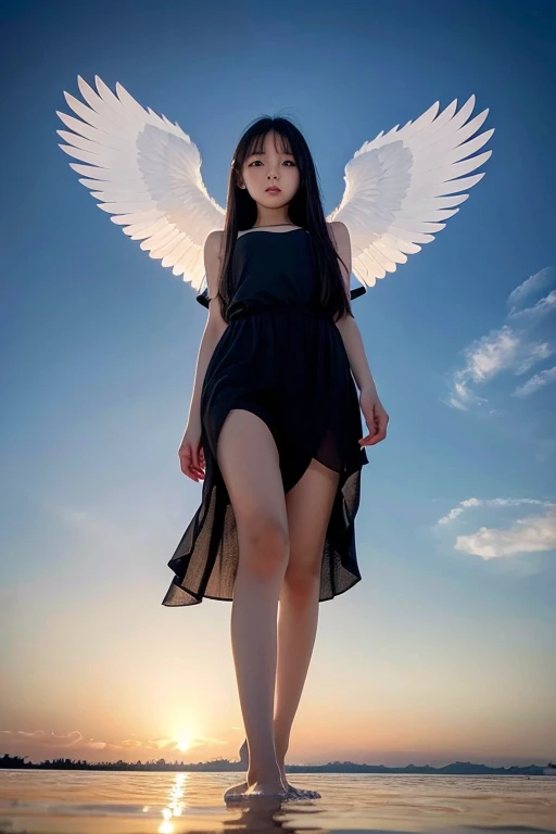 from below,full body,floating,angel,14 years old girl,very long black hair,