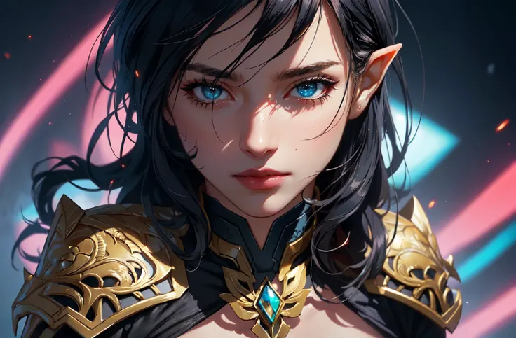 ((masterpiece)),(best quality), ((mature)) beautiful 1woman elf ranger, ((cinematic)), dynamic:1.2, intricate ((closed realistic)) armor, particles:1.2, (pastel:1.2), (black hair), (intricate cinematic background:1.2), (depth of field), (emotional face),  ...