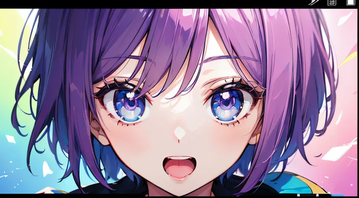 ((masuter piece,8k wallpaper,best qualtiy,girl with１a person)),Brilliant,(Best Quality), (Open your mouth and be overjoyed:1.2), (Illustration:0.8), (Beautiful detailed eyes:1.6), extra detailed face,animesque,animated painting,anime screen cap. (Purple ha...