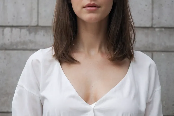 chest to chin closeup view, wearing white blouse, brunette hair, soft collar bones, Caucasian, grey concrete background, hyper realistic face