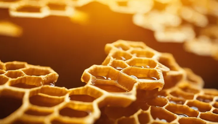 A high-resolution image of a close-up shot of a honeycomb with intricate hexagonal cells filled with golden honey, creating a visually rich and delicious scene.