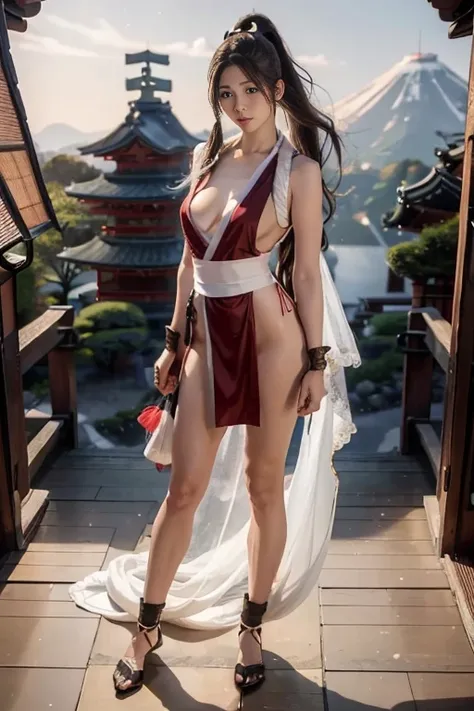 mai shiranui, Brown eyes, (Full body portrait:1.4), Full body, (skinny), Prestige, Long hair, Brown hair, White ribbon, Sleeveless, poneyTail, sash, pelvis curtain, arm guards, mitts, (tabi:1.4), fascinated expression, Sexy eyes, medium breasts, Smile, Cut...