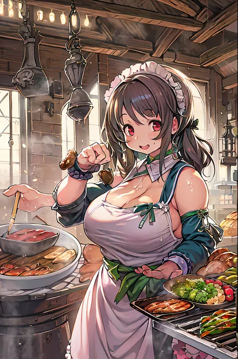 WRC style, Woman, lewd pose, The appearance of a seductive appearance, Apron, kitchin, medieval setting、bbw、grill yakiniku、Grilling meat、Flesh