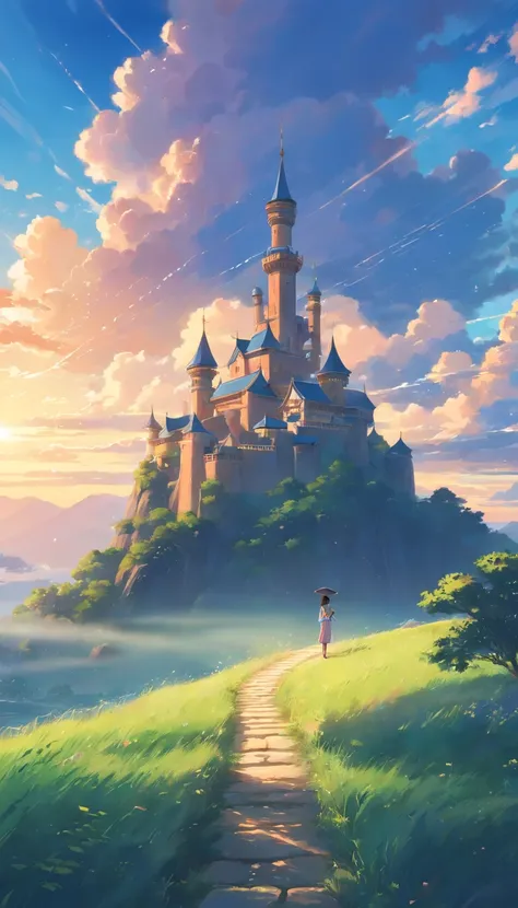 Ancient castle floating in the sky，No Human, No one，​​clouds，Looking up from the valley，bright，vale，cheerful，Warm and soft lighting，the sunset，（spark of light：0.7）， tmasterpiece，Best quality，cinematic Film still from，