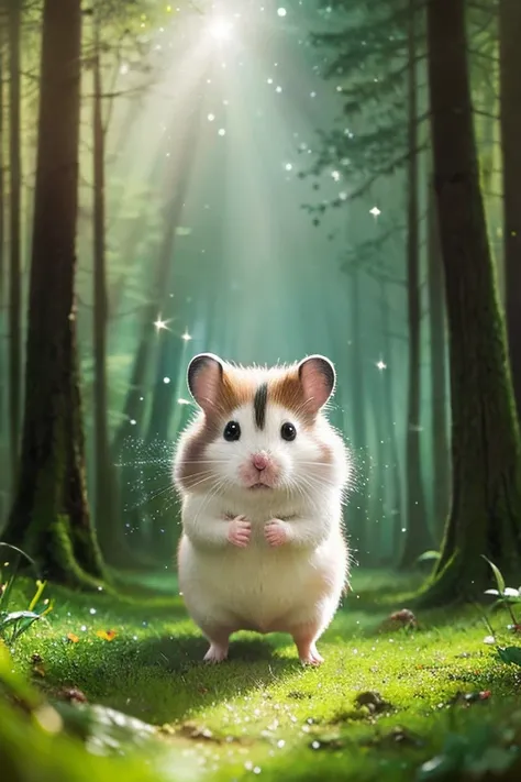 Magic hamster, kawaii, fluffy, sparkling stars bodypaint, dreamy forest, photorealistic painting, sharp focus, 8k, perfect composition, trending on artstation, award-winning photograph, unreal