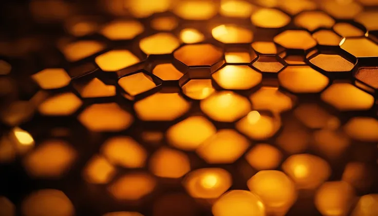 A visually stunning composition of a honeycomb pattern in rich shades of amber and gold, with light shining through the translucent cells, creating a visually warm and inviting atmosphere.