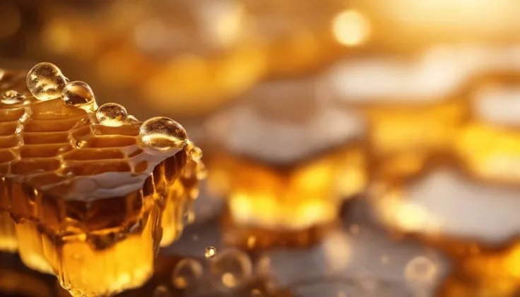 A high-resolution image of a honeycomb with drops of honey dripping from the cells, with sunlight glistening on the golden liquid, creating a visually tantalizing and mouthwatering scene.