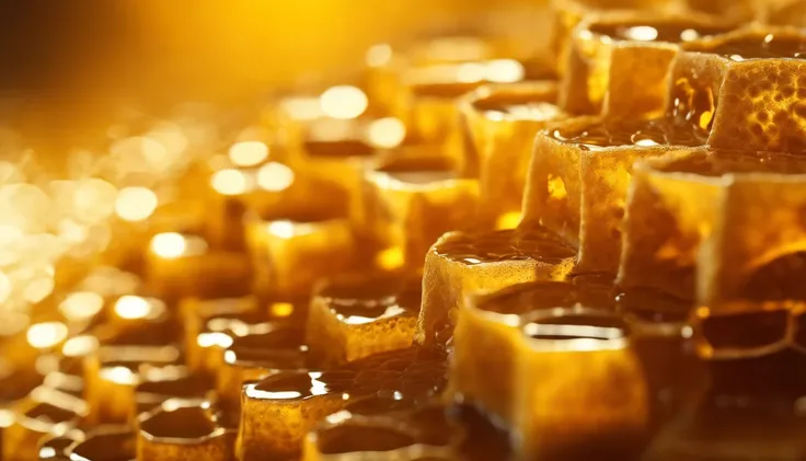 A high-resolution image of a honeycomb with drops of honey dripping from the cells, with sunlight glistening on the golden liquid, creating a visually tantalizing and mouthwatering scene.