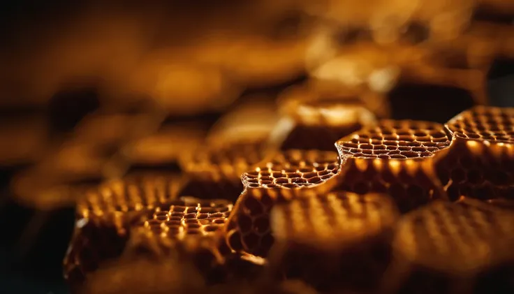 A close-up shot of a honeycomb being held, showcasing the texture and depth of the cells, creating a visually tactile and organic image.