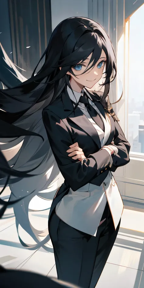 The male protagonist is talking to a woman in black professional clothes with long hair, The woman is smiling and the picture is nice, in five luxury offices