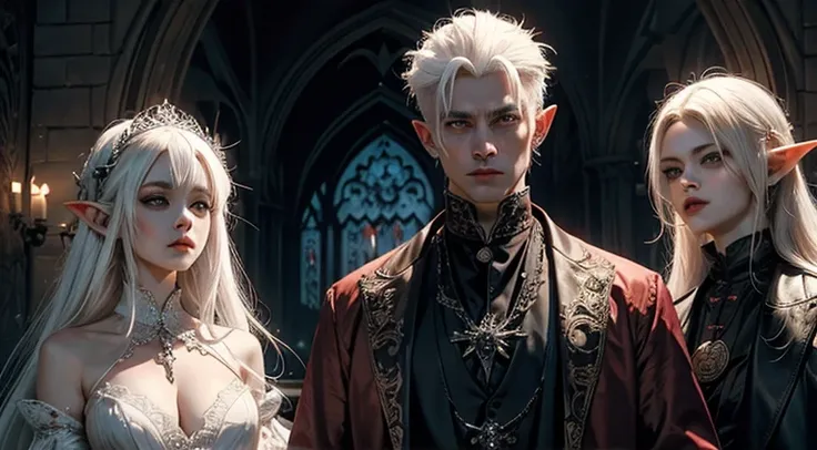 a white haired vampire man with a oriental gothic woman and a blonde elf woman