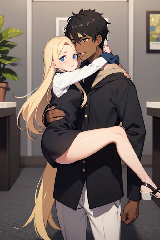 1 white girl hugging a black boy, full body view, love in their eyes,