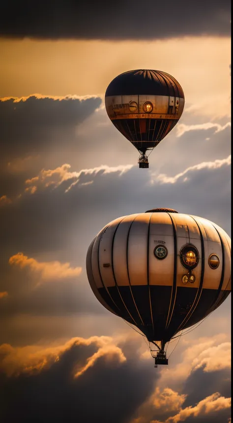 steampunkAI。blimp。fly over the city。Aerial perspective。