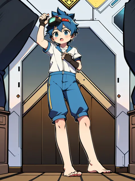 shota,，Two dimensional anime boys，one piece pajamas，long slim figure，protective goggles，Fingerless gloves，Stood up