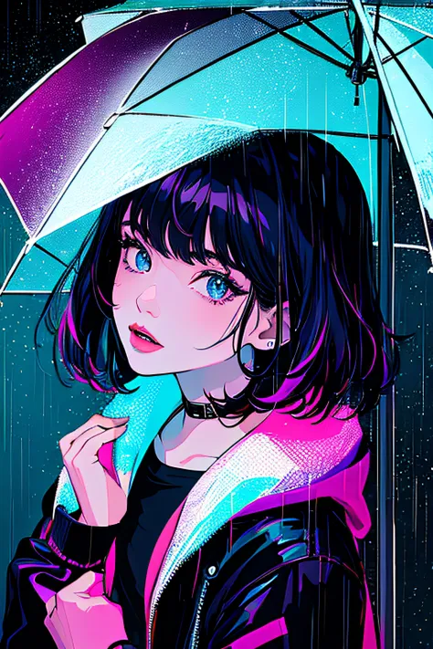 (masterpiece, top quality, best quality, official art, beautiful and aesthetic:1.2), girl, alone in the rain with a jacket in a dark city, extreme detailed,highest detailed, optical mixing, playful patterns, lively texture, unique visual effect