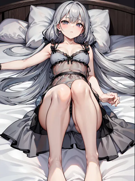 (RAW Photos, Best Quality), (animesque: 1.2), [Glitter], absurderes, Looking at Viewer, Solo, (Gray Babydoll:1.5), Large breasts, Long hair, Grey Hair, Bangs, grey  eyes, earrings, Drill Hair, hair between eye, Hair Ornament, (babydoll:1.3), See-through, b...