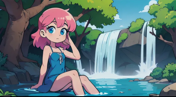 absurd, Tall, (Official Art, Beautiful and Aesthetic), (far vision), full body, (1girl, pink hair, medium hair, blue eyes, bright eyes, dress, sitting under a tree, sky blue, water effects, waterfall effects