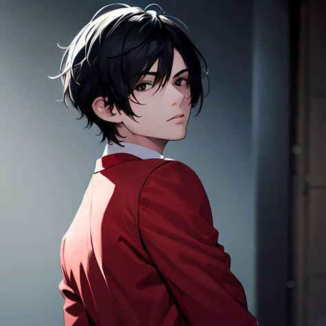 black hair, 1 boy, red  suit, short hair style,glow eye. sharp eye,soft lighting, volumetric lighting, intricate details, finely detailed, black eyes,solo,( looking back:1.4),standing, straight back