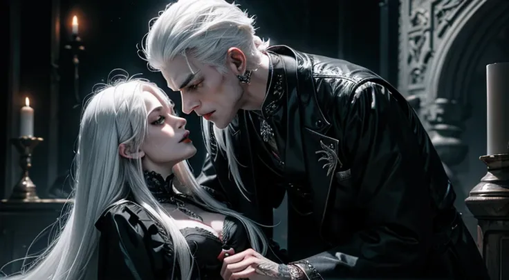 a white haired vampire man with a oriental gothic woman with long black hair,